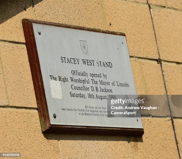 Plaque at Lincoln City's Sincil Bank Stadium, in memory of those who lost their lives in the Bradford Fire prior to the Sky Bet League Two match...