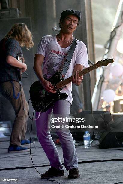 Dougy Mandagi of The Temper Trap performs on stage on day two of The Falls Festival 2009 held in Otway rainforest on December 30, 2009 in Lorne,...