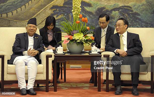 China's Chairman of the Standing Committee of the National People's Congress Wu Bangguo meets with Nepal's Prime Minister Madhav Kumar Nepal at the...