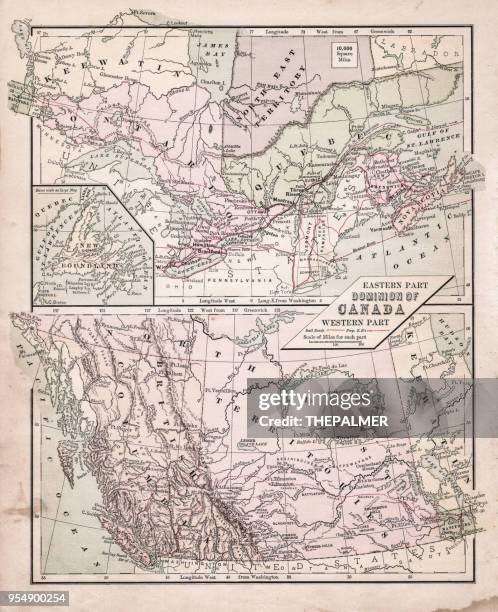 map of dominion of canada 1881 - new brunswick map stock illustrations