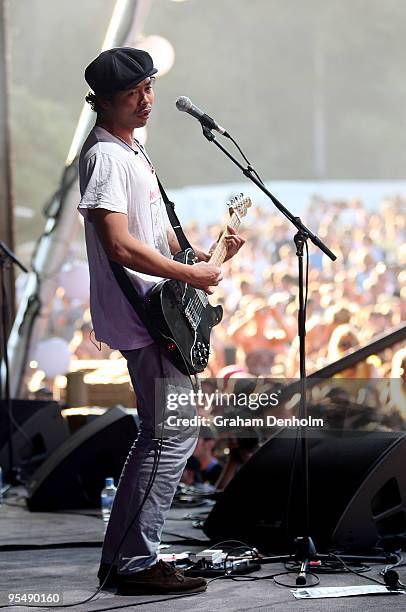 Dougy Mandagi of The Temper Trap performs on stage on day two of The Falls Festival 2009 held in Otway rainforest on December 30, 2009 in Lorne,...