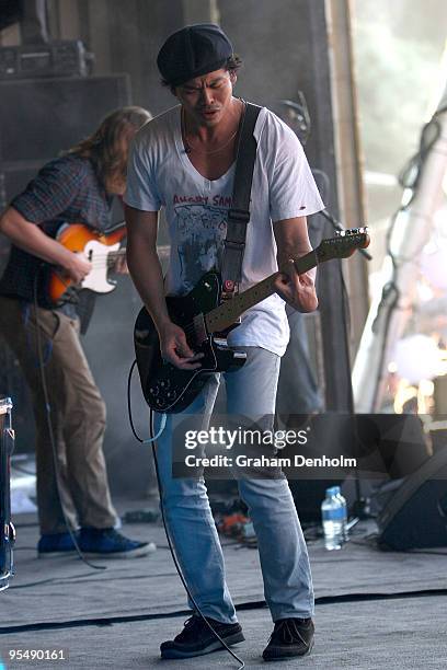 Dougy Mandagi of The Temper Trap performs on stage on day two of The Falls Festival 2009 held in Otway rainforest on December 30, 2009 in Lorne,...