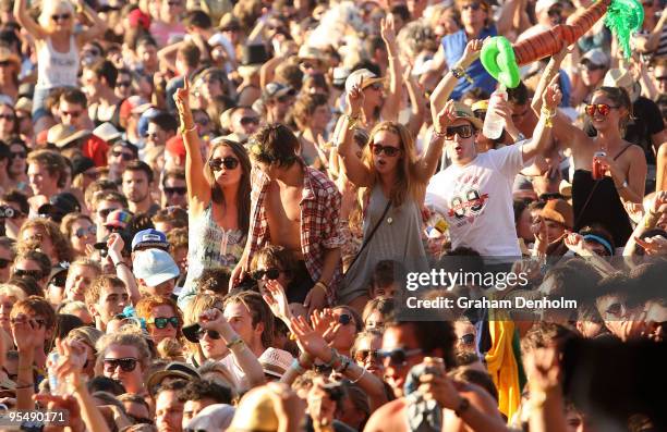 The crowd enjoys the show on day two of The Falls Festival 2009 held in Otway rainforest on December 30, 2009 in Lorne, Australia.