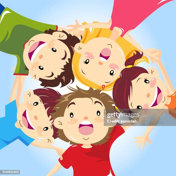 kinder huddling - kindertag stock-grafiken, -clipart, -cartoons und -symbole