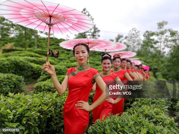 Cheongsam enthusiasts dressed in cheongsams perform shows at a tea plantation of Yizhang County on May 5, 2018 in Chenzhou, Hunan Province of China.