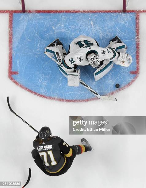 Martin Jones of the San Jose Sharks blocks a shot by William Karlsson of the Vegas Golden Knights in the third period of Game Five of the Western...