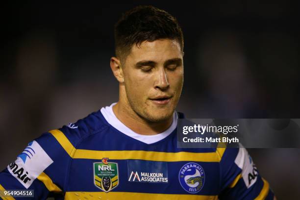 Mitchell Moses of the Eels shows his emotion after missing a kick conversion at full time during the round nine NRL match between the Cronulla Sharks...