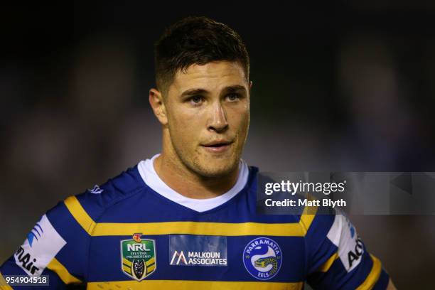 Mitchell Moses of the Eels shows his emotion after missing a kick conversion at full time during the round nine NRL match between the Cronulla Sharks...