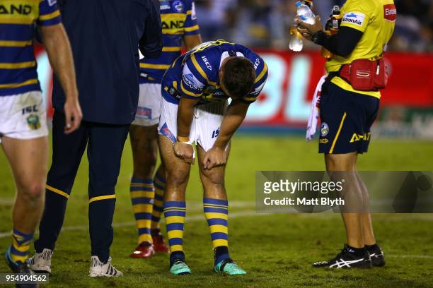 Mitchell Moses of the Eels shows his emotion after missing a kick conversion at full time during the round nine NRL match between the Cronulla Sharks...