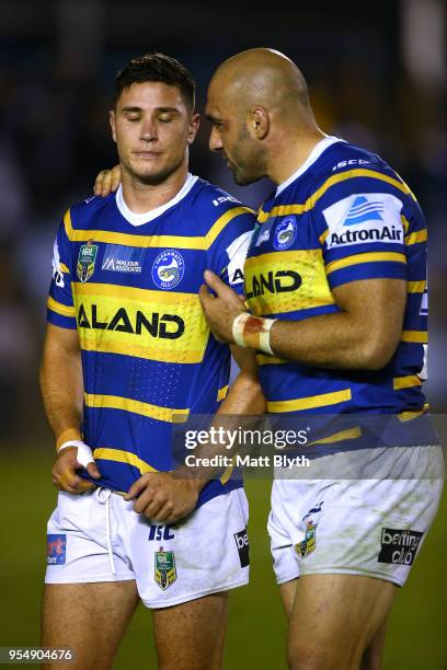 Mitchell Moses of the Eels shows his emotion after missing a kick conversion at full time alongside Tim Mannah of the Eels after the round nine NRL...