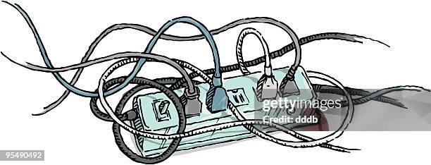 tangled electrical cords plugged into a power strip - power strip stock illustrations