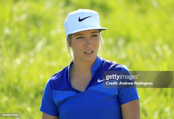 Mel Reid of the European Women looks on while on the practice putting green during Day One of the GolfSixes at The Centurion Club on May 5, 2018 in...