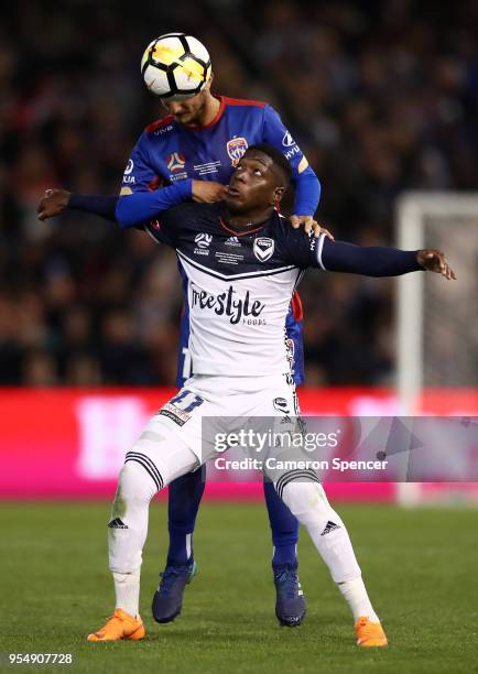 Leroy George of the Victory of the Victory contests the ball during the 2018 A-League Grand Final match between the Newcastle Jets and the Melbourne...