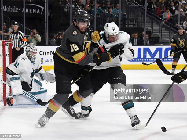 James Neal of the Vegas Golden Knights and Justin Braun of the San Jose Sharks collide as they go after the puck in the second period of Game Five of...