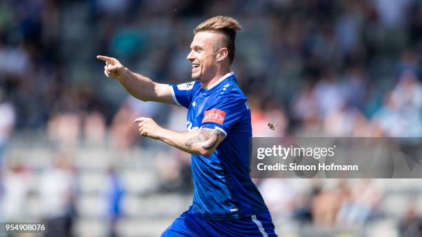 Marvin Pourie of Karlsruhe celebrates his team's first goal during the 3. Liga match between VfR Aalen and Karlsruher SC at Ostalb Arena on May 5,...