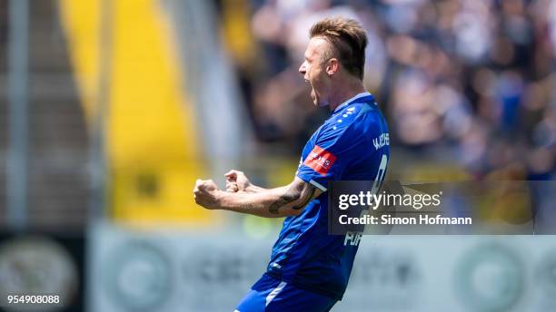 Marvin Pourie of Karlsruhe celebrates his team's first goal during the 3. Liga match between VfR Aalen and Karlsruher SC at Ostalb Arena on May 5,...