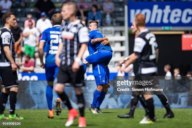 Marvin Pourie of Karlsruhe celebrates his team's first goal during the 3. Liga match between VfR Aalen and Karlsruher SC at Ostalb Arena on May 5,...