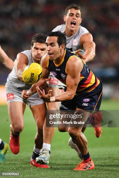Eddie Betts of the Adelaide Crows under pressure from Sam Petrevski-Seton of the Blues during the round seven AFL match between the Adelaide Crows...