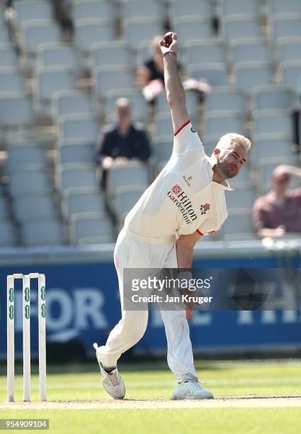 James Anderson of Lancashire in action during day two of the Specsavers County Championship match between Lancashire and Somerset at Old Trafford on...