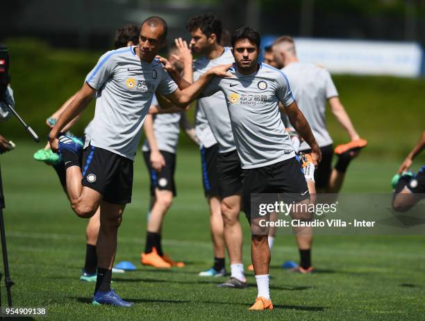 Joao Miranda de Souza Filho and Citadin Martins Eder in action during the FC Internazionale training session at the club's training ground Suning...