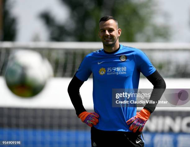 Samir Handanovic of FC Internazionale looks on during the FC Internazionale training session at the club's training ground Suning Training Center in...