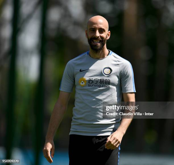 Borja Valero of FC Internazionale looks on during the FC Internazionale training session at the club's training ground Suning Training Center in...