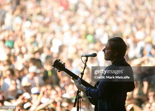 Daniel Rossen of Grizzly Bear performs on stage on day two of The Falls Festival 2009 held in Otway rainforest on December 30, 2009 in Lorne,...