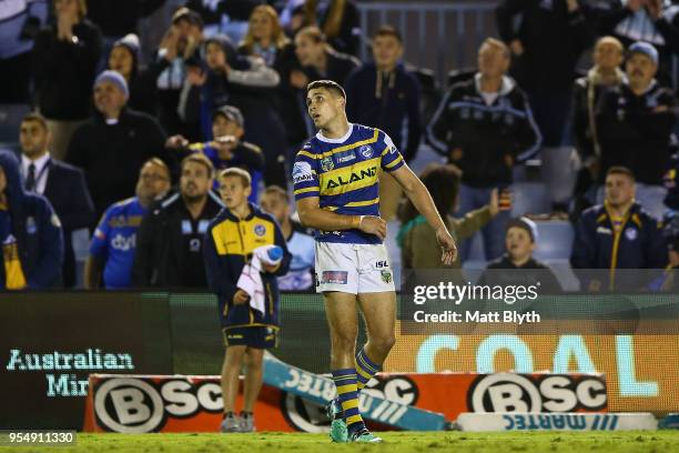 Mitchell Moses of the Eels reacts after missing a kick conversion at full time during the round nine NRL match between the Cronulla Sharks and the...