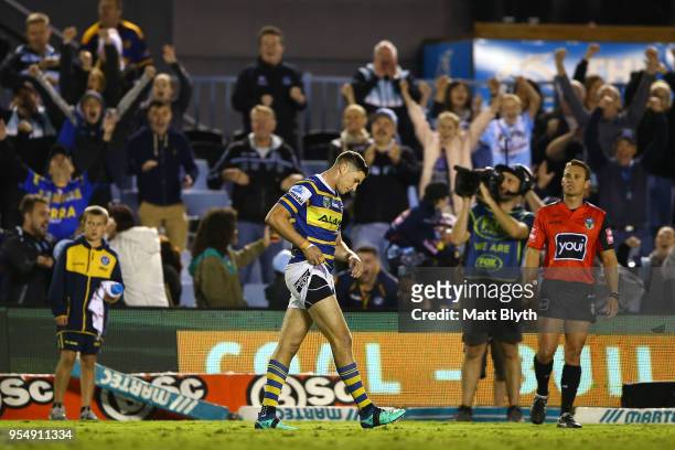 Mitchell Moses of the Eels reacts after missing a kick conversion at full time during the round nine NRL match between the Cronulla Sharks and the...
