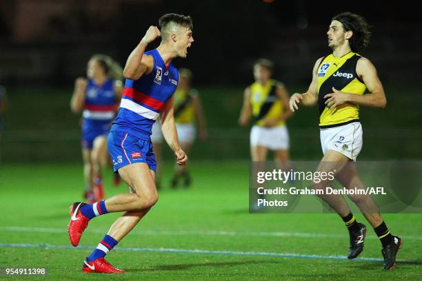 Joshua Schache of Footscray celebrates after kicking the winning goal during the round five VFL match between Footscray and Richmond at Whitten Oval...