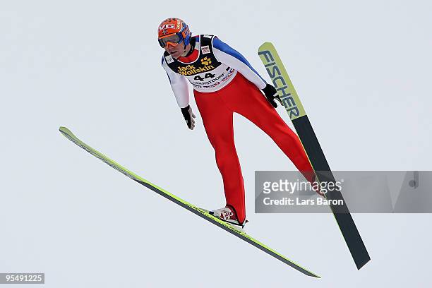 Roar Ljoekelsoey of Norway competes during training for the FIS Ski Jumping World Cup event at the 58th Four Hills ski jumping tournament at Erdinger...