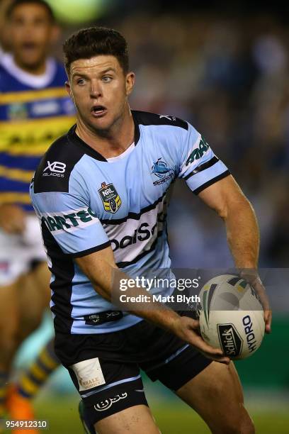 Chad Townsend of the Sharks offloads the ball during the round nine NRL match between the Cronulla Sharks and the Parramatta Eels at Southern Cross...