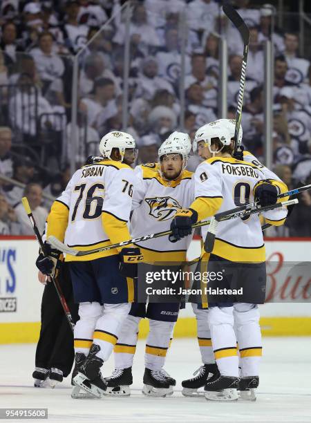 Subban of the Nashville Predators and teammates Filip Forsberg and Viktor Arvidsson celebrate his goal against the Winnipeg Jets in Game Four of the...