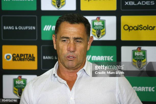Sharks coach Shane Flanagan talks to the media at a press conference after the round nine NRL match between the Cronulla Sharks and the Parramatta...