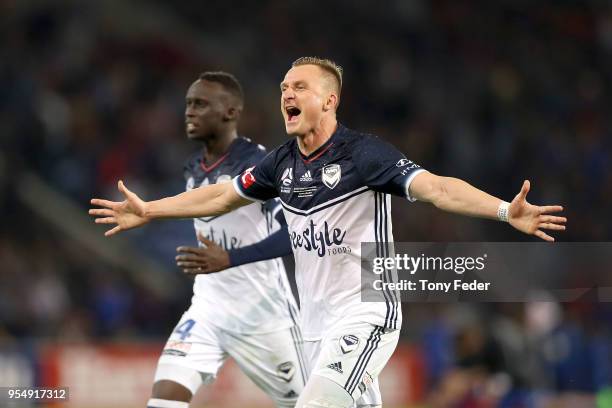 Besart Berisha celebrates the win over the Jets during the 2018 A-League Grand Final match between the Newcastle Jets and the Melbourne Victory at...