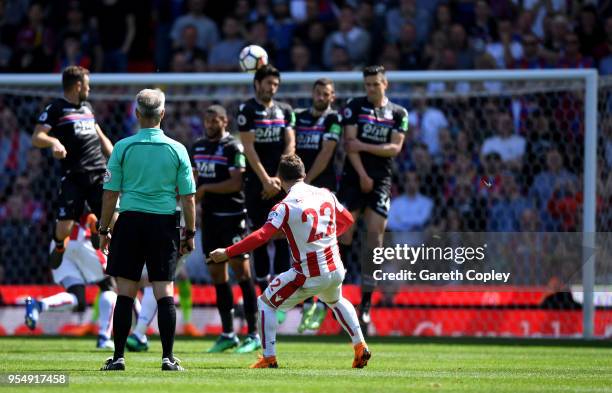 Xherdan Shaqiri of Stoke City scores his sides first goal during the Premier League match between Stoke City and Crystal Palace at Bet365 Stadium on...