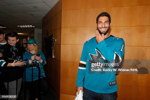 Jimmy Garoppolo of the San Francisco 49ers prepares to greet the San Jose Sharks prior to the game against the Vegas Golden Knights in Game Three of...