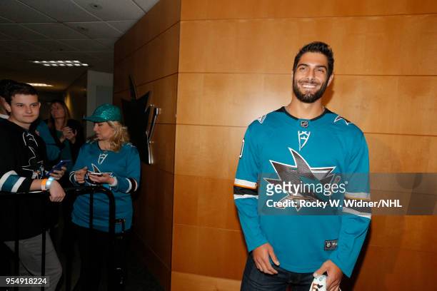 Jimmy Garoppolo of the San Francisco 49ers prepares to greet the San Jose Sharks prior to the game against the Vegas Golden Knights in Game Three of...