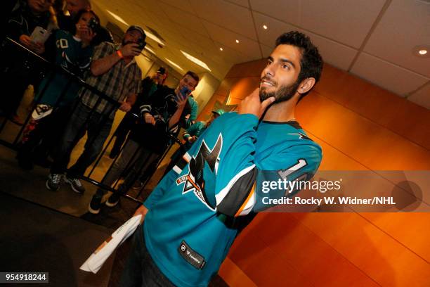 Jimmy Garoppolo of the San Francisco 49ers prepares to greet the San Jose Sharks prior to the game against the Vegas Golden Knights in Game Three of...