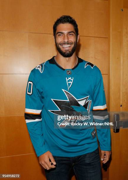 Jimmy Garoppolo of the San Francisco 49ers attends the game between the Vegas Golden Knights and the San Jose Sharks in Game Three of the Western...