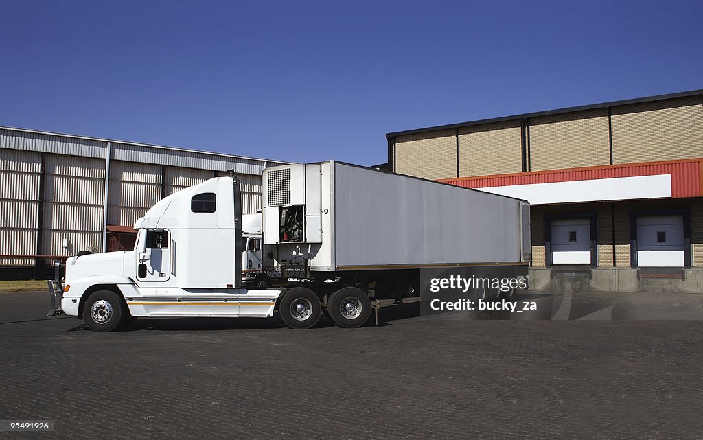 Single semi truck at frozen goods warehouse