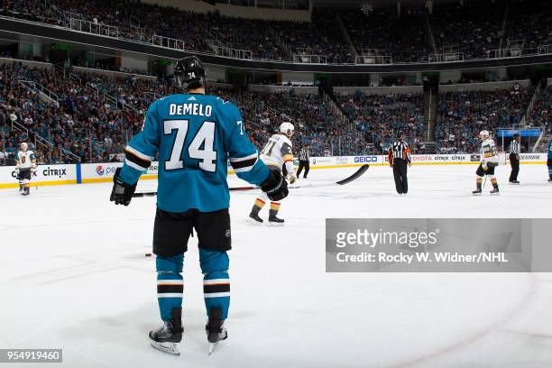 Dylan DeMelo of the San Jose Sharks looks on during the game against the Vegas Golden Knights in Game Three of the Western Conference Second Round...