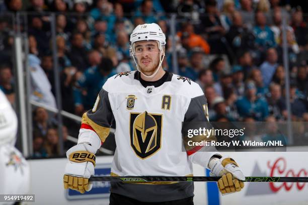 Reilly Smith of the Vegas Golden Knights looks on during the game against the San Jose Sharks in Game Three of the Western Conference Second Round...