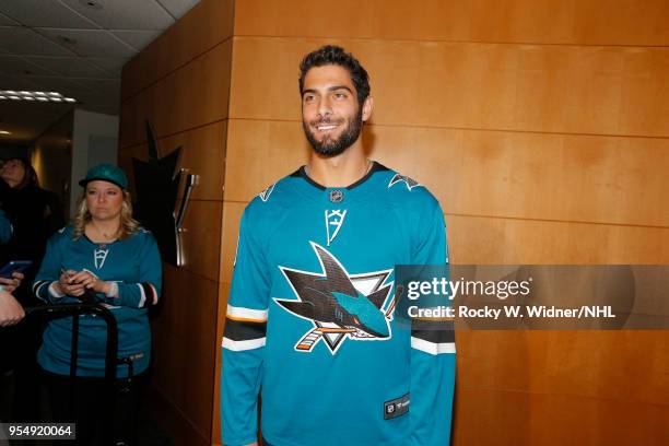 Jimmy Garoppolo of the San Francisco 49ers attends the game between the Vegas Golden Knights and the San Jose Sharks in Game Three of the Western...