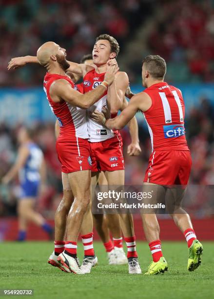 Will Hayward of the Swans celebrates kicking a goal during the round seven AFL match between the Sydney Swans and the North Melbourne Kangaroos at...