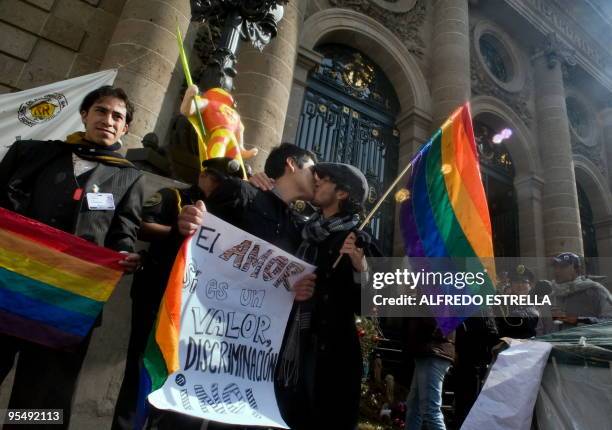 Members of the gay community demand the approval of the homosexual marriage in front of the local Congress in Mexico City, on December 21, 2009. AFP...