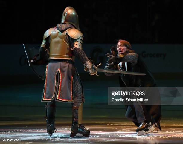 The Golden Knight performs during a pregame program before Game Five of the Western Conference Second Round between the San Jose Sharks and the Vegas...