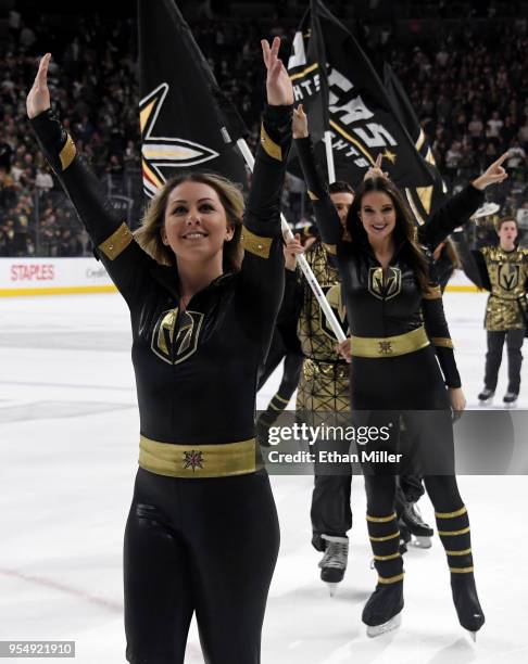 Members of the Knights Crew celebrate on the ice after the Vegas Golden Knights beat the San Jose Sharks 5-3 in Game Five of the Western Conference...