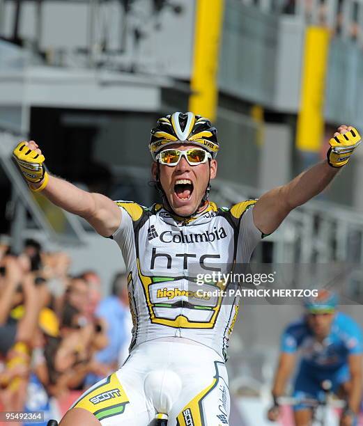 Cycling Team Columbia-High Road 's leader Mark Cavendish of Great Britain jubilates on the finish line after winning his sixth stage victory on July...