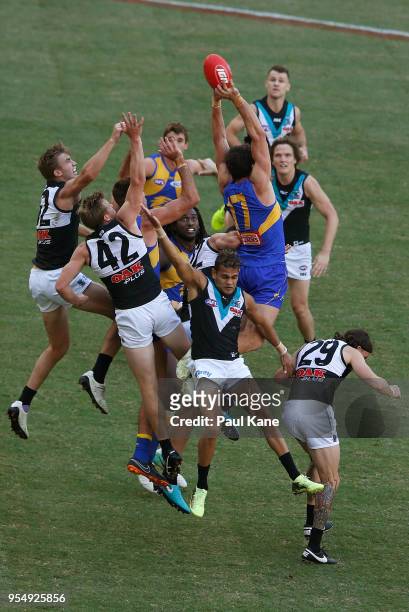 Josh Kennedy of the Eagles contests for a pack mark during the round seven AFL match between the West Coast Eagles and the Port Adelaide Power at...